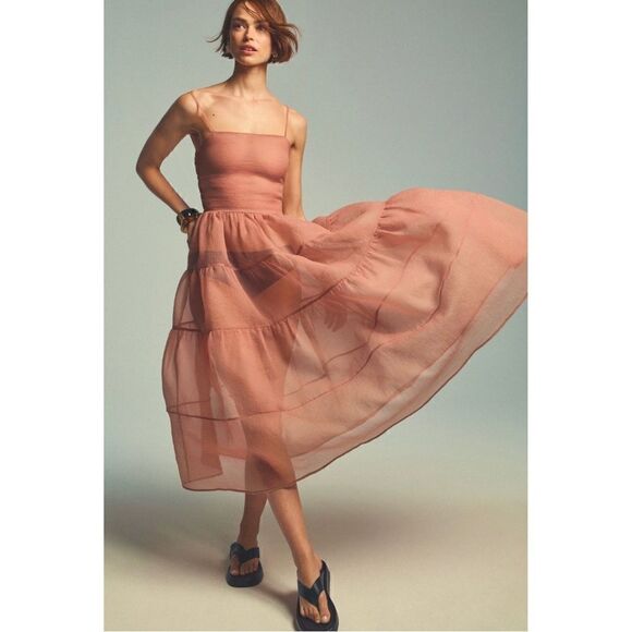 NEW Anthropologie OhSevenDays Reversible Blush Tiered Sheer Midi Dress Small - Picture 1 of 8